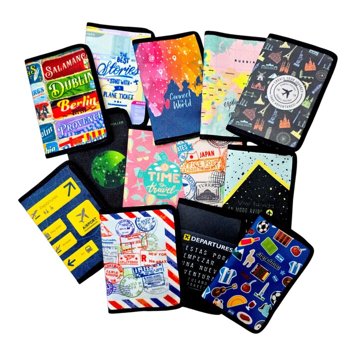 10% OFF - PACK X 12 SURTIDOS - PORTAPASAPORTE - PORTADOCUMENTOS